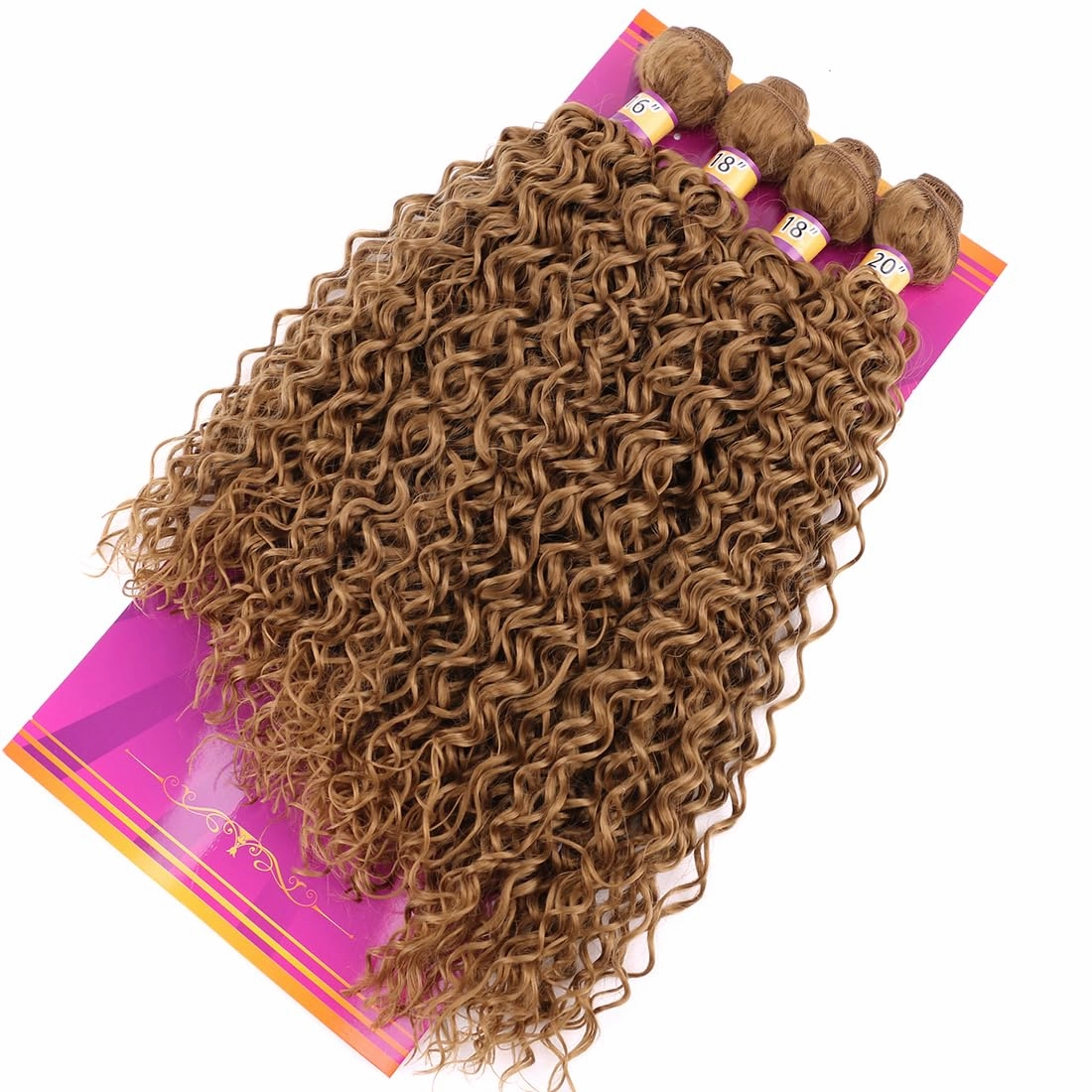 Highlight Honey Blonde Afro Kinky Curly Synthetic Hair Weave 4 Bundles 16 18 18 20 Inches Jerry Curl Synthetic Hair Weft Extensions(Color 27)
