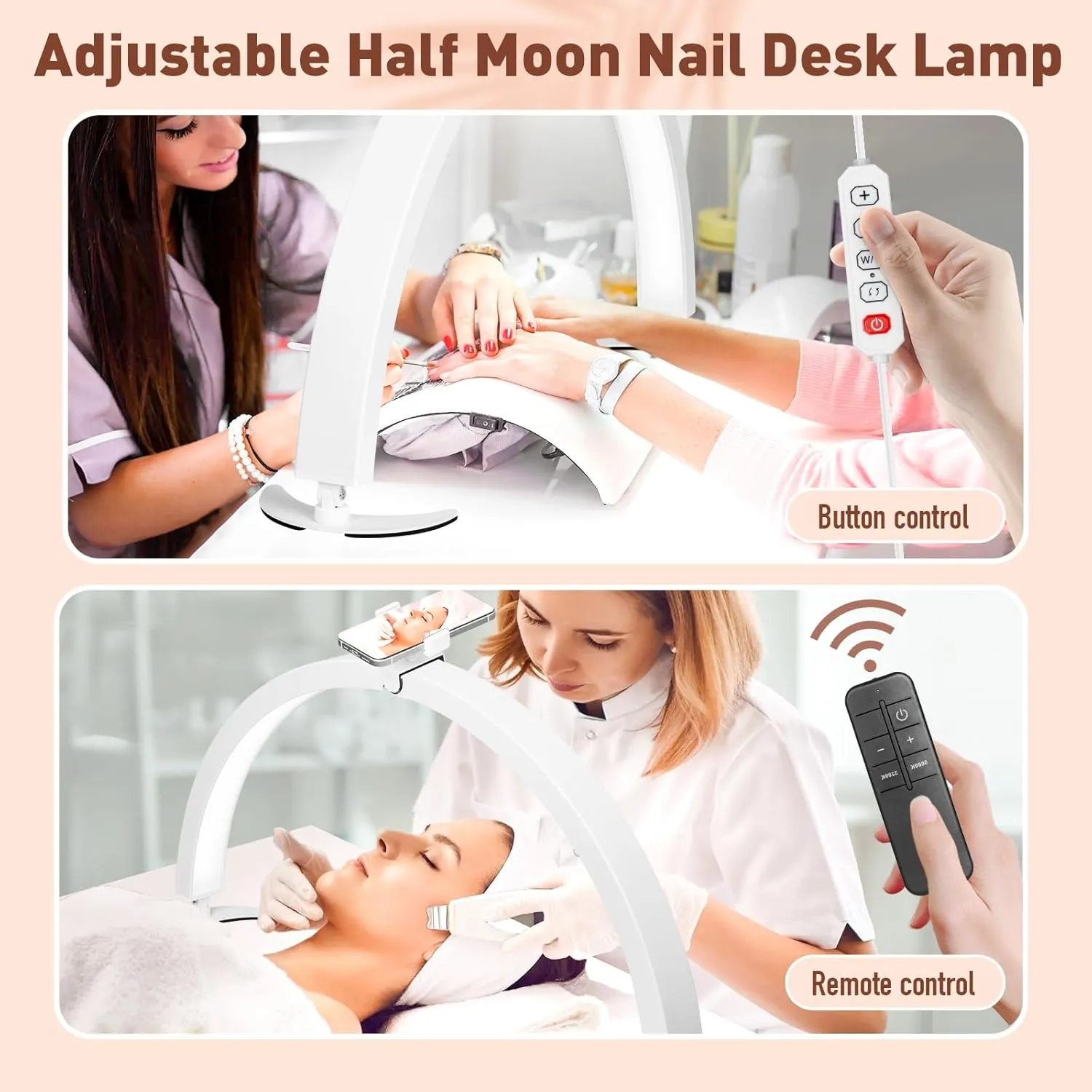 HITTI 29in Half Moon Light for Nail Desk with Phone Holder, Foldable Nail Tech Light, Lash Table Lamp with Wire Controller & Remote, 7 Color Modes 10 Brightness for Extension Tattoo Craft Beauty-White