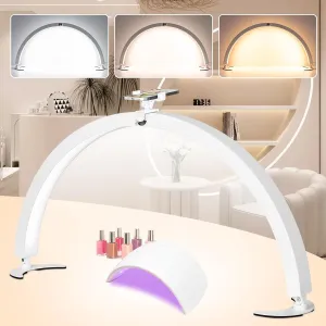 HITTI 29in Half Moon Light for Nail Desk with Phone Holder, Foldable Nail Tech Light, Lash Table Lamp with Wire Controller & Remote, 7 Color Modes 10 Brightness for Extension Tattoo Craft Beauty-White
