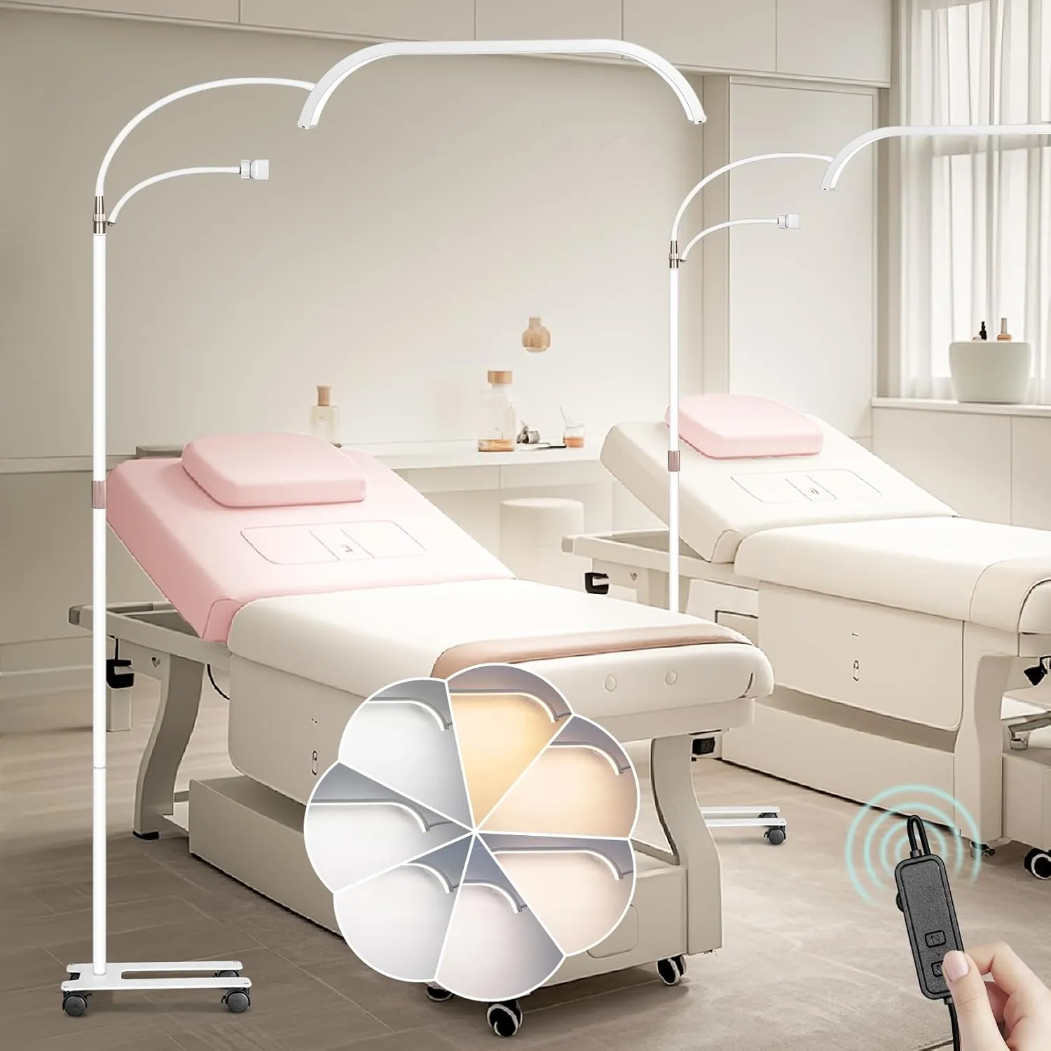 HITTI Large Estheticians Light, Flexible Gooseneck Lash for Eyelash Tech, LED Half Moon Light with Phone Holder, Stepless Dimming and 7 Color Modes Floor Lamp for Tattoo Artists Nail Craft Beauty