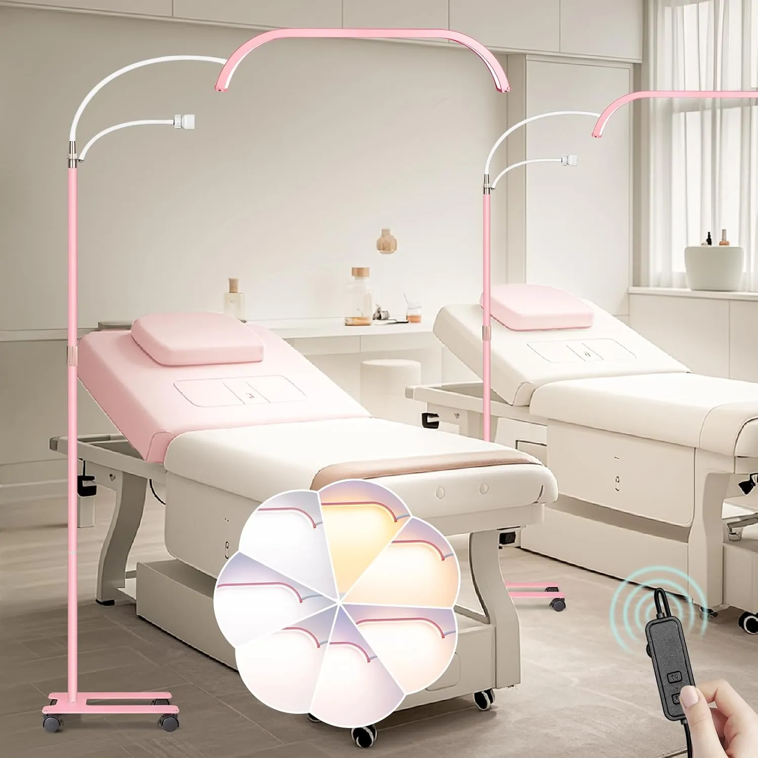 HITTI Large Estheticians Light, Flexible Gooseneck Lash for Eyelash Tech, LED Half Moon Light with Phone Holder, Stepless Dimming and 7 Color Modes Floor Lamp for Tattoo Artists Nail Craft- Pink