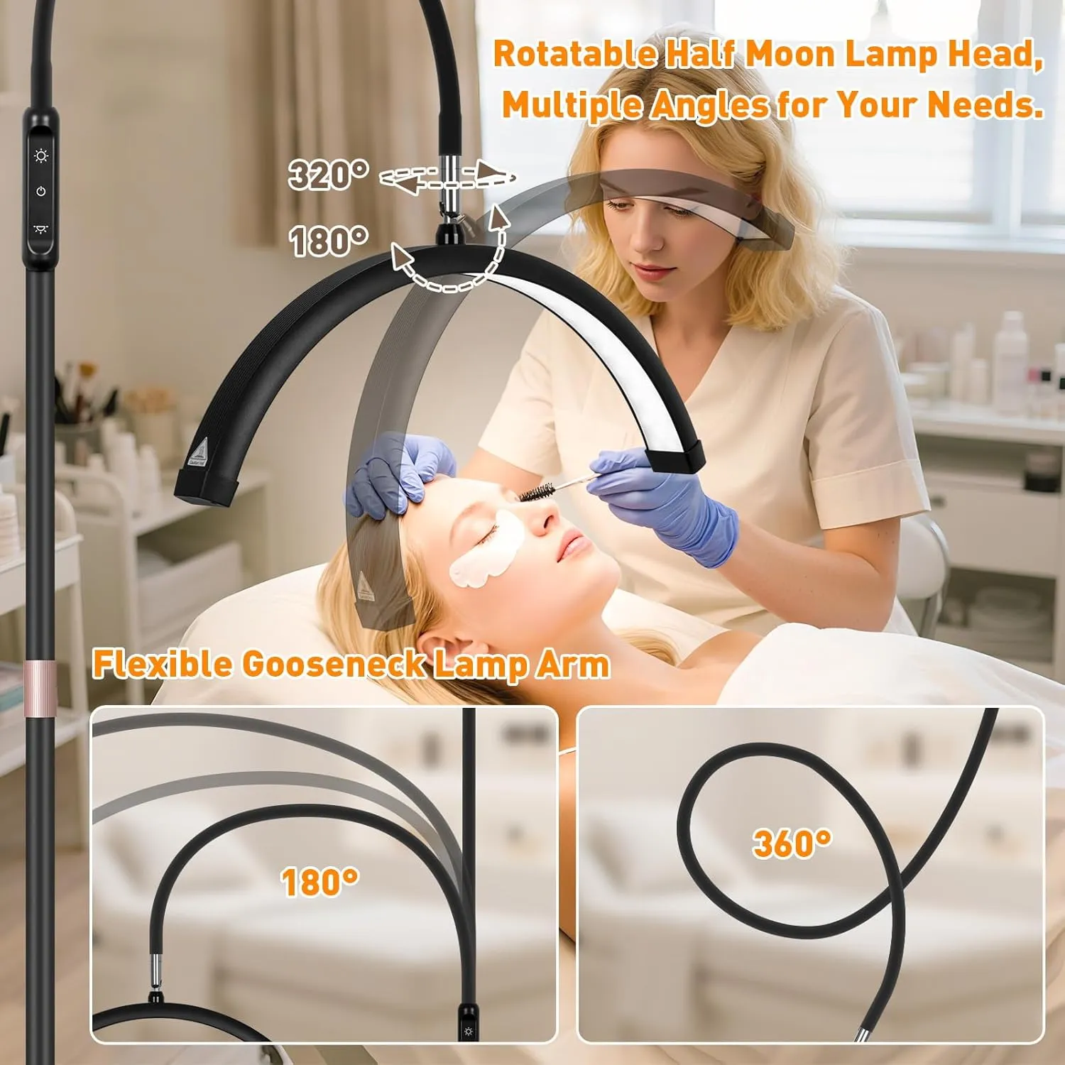 HITTI Lash Light for Eyelash Tech, Flexible Gooseneck LED Half Moon Floor Lamp for Esthetician & Artists,Tattoo, Extensions, Nail, Beauty, Craft, Adjustable Height, Dimmable Brightness and Color-Black
