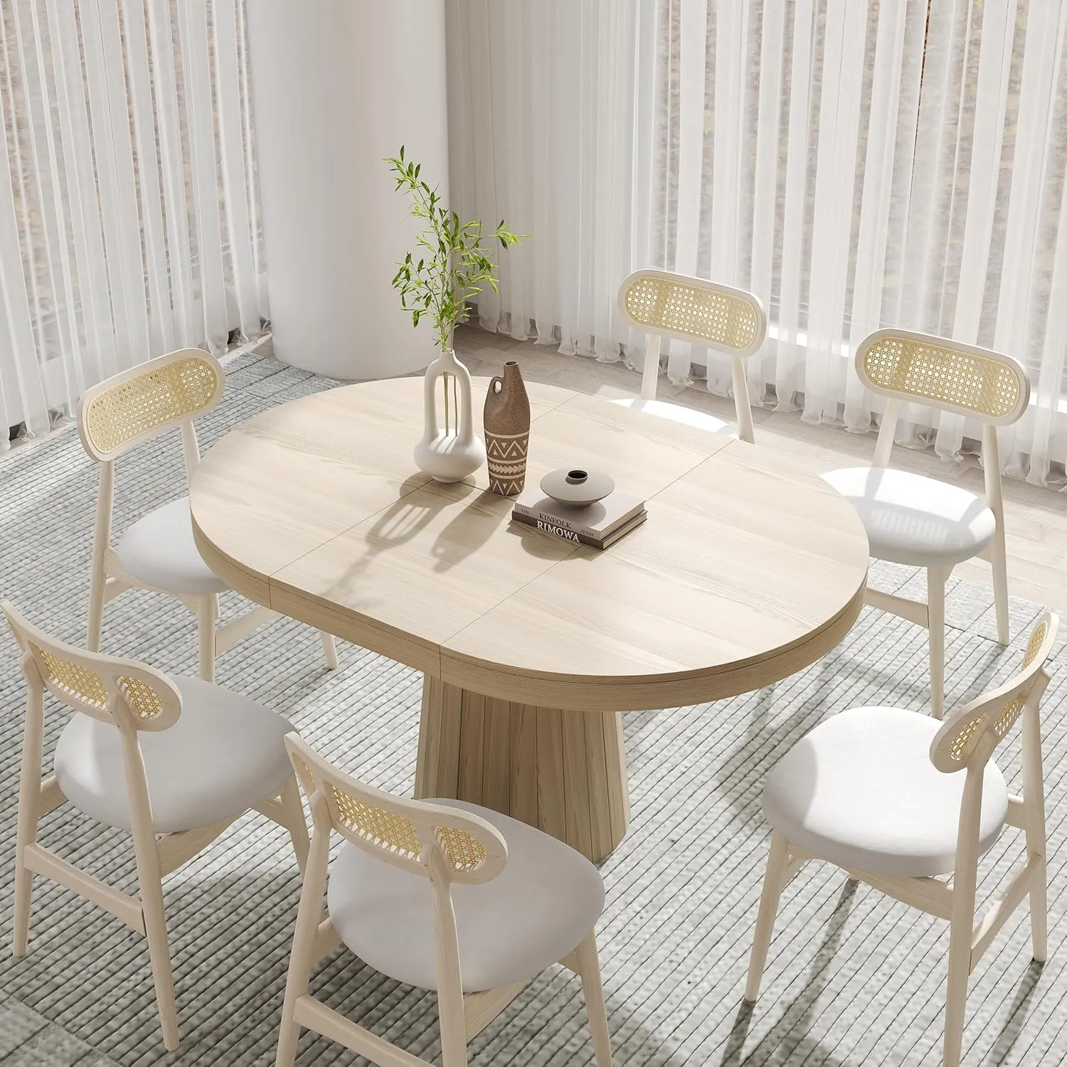 homary 39"-55" Extendable Round-to-Oval Dining Table with Pedestal Base – Seats 4-6, Wash White Finish, Smooth Rounded Corners