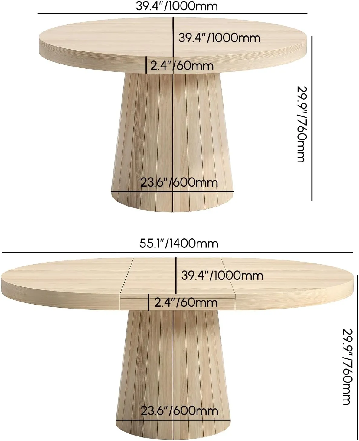 homary 39"-55" Extendable Round-to-Oval Dining Table with Pedestal Base – Seats 4-6, Wash White Finish, Smooth Rounded Corners