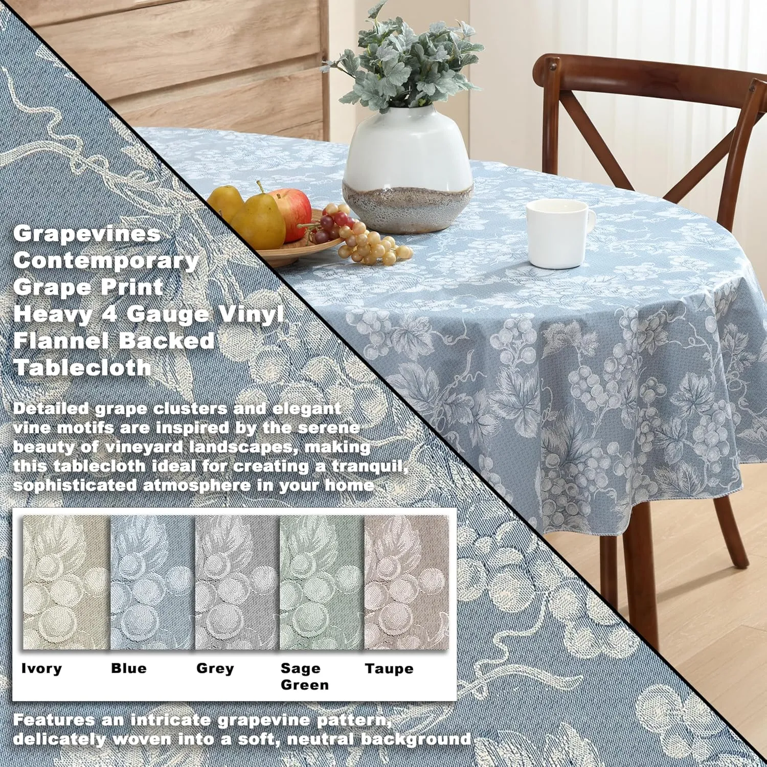 Home Bargains Plus 60 x 84 Inch Oval Vinyl Tablecloth with Flannel Backing, Traditional Grapevine Print, Waterproof Indoor Outdoor Dining Room, Party and Banquet Table Cover, Blue