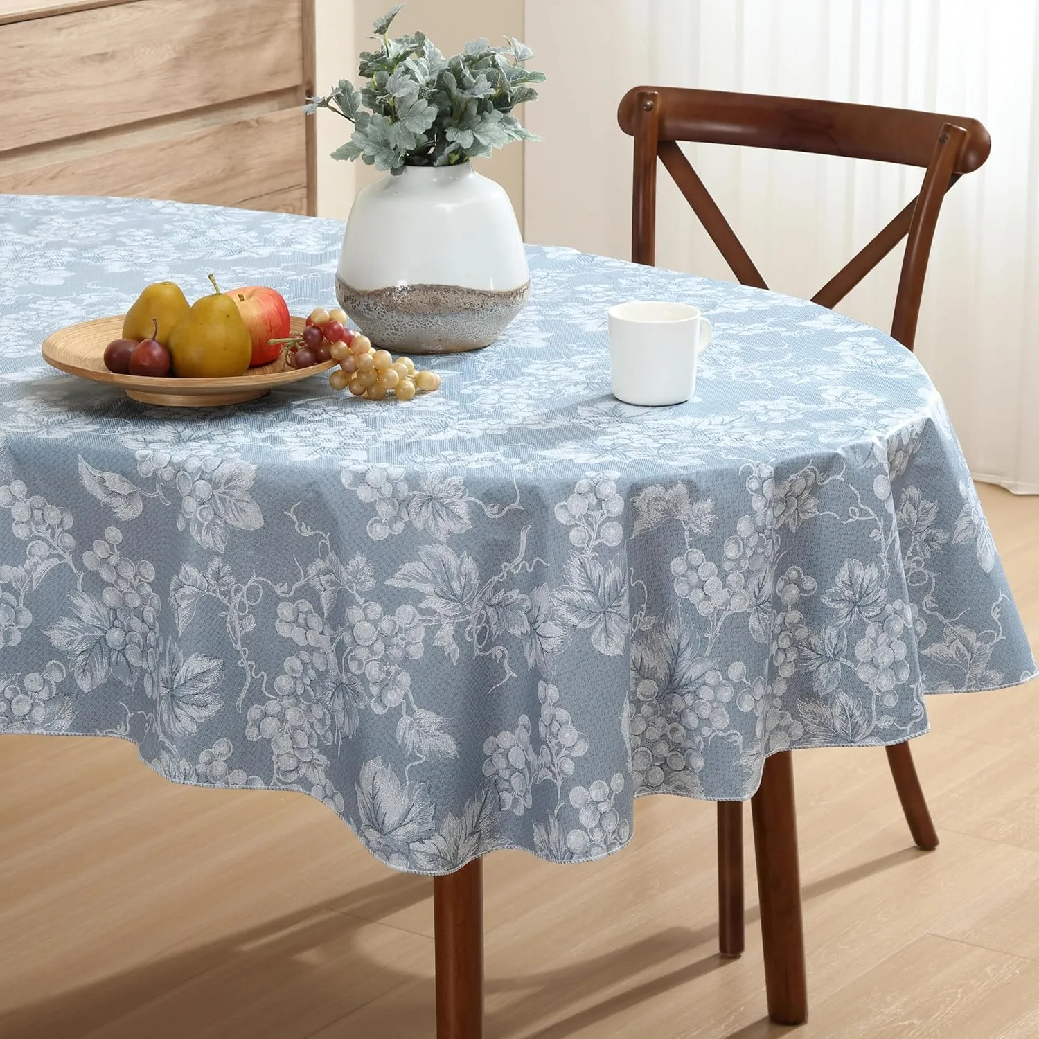 Home Bargains Plus 60 x 84 Inch Oval Vinyl Tablecloth with Flannel Backing, Traditional Grapevine Print, Waterproof Indoor Outdoor Dining Room, Party and Banquet Table Cover, Blue