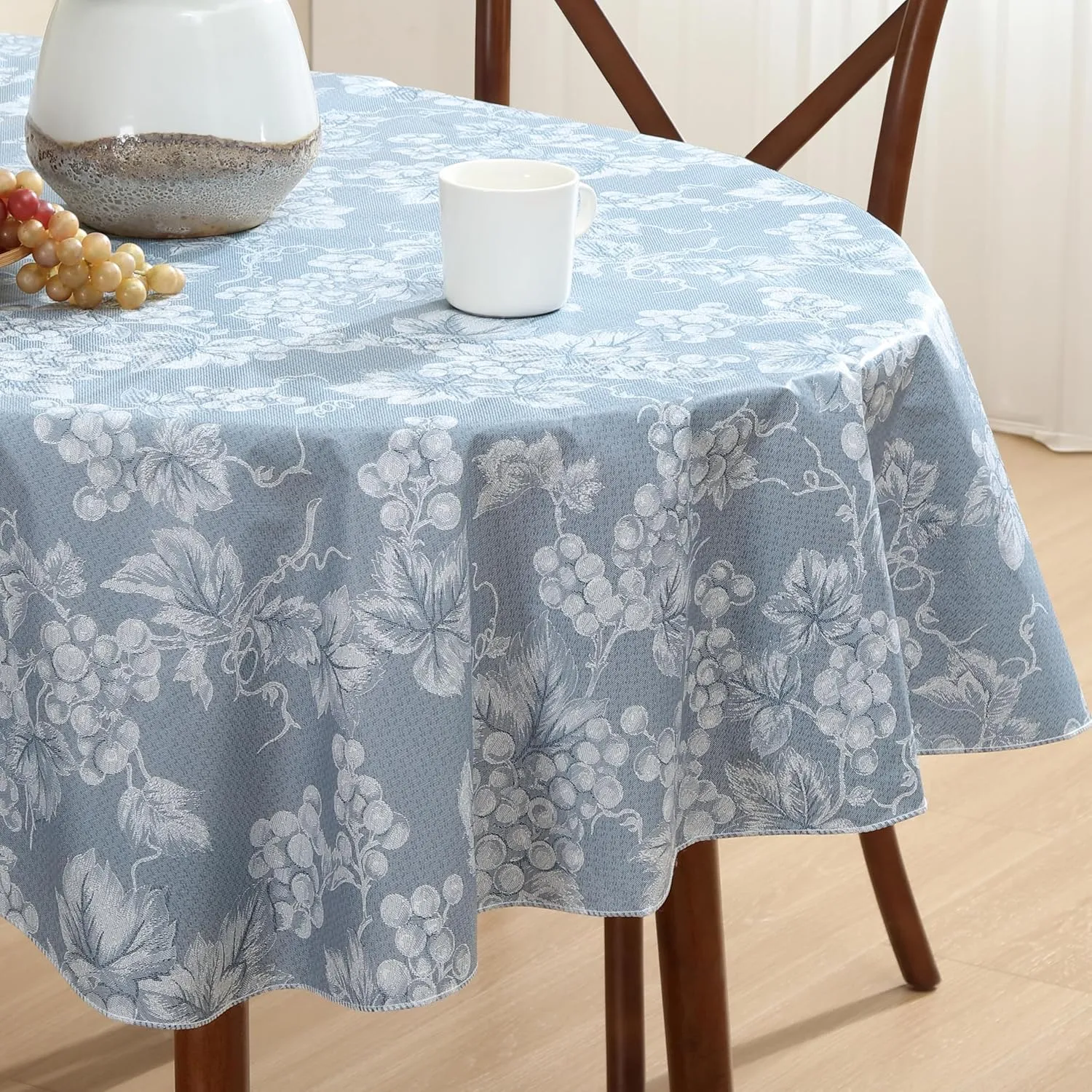 Home Bargains Plus 60 x 84 Inch Oval Vinyl Tablecloth with Flannel Backing, Traditional Grapevine Print, Waterproof Indoor Outdoor Dining Room, Party and Banquet Table Cover, Blue