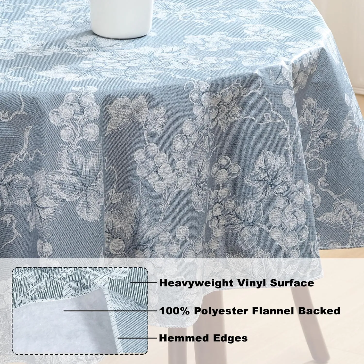 Home Bargains Plus 60 x 84 Inch Oval Vinyl Tablecloth with Flannel Backing, Traditional Grapevine Print, Waterproof Indoor Outdoor Dining Room, Party and Banquet Table Cover, Blue