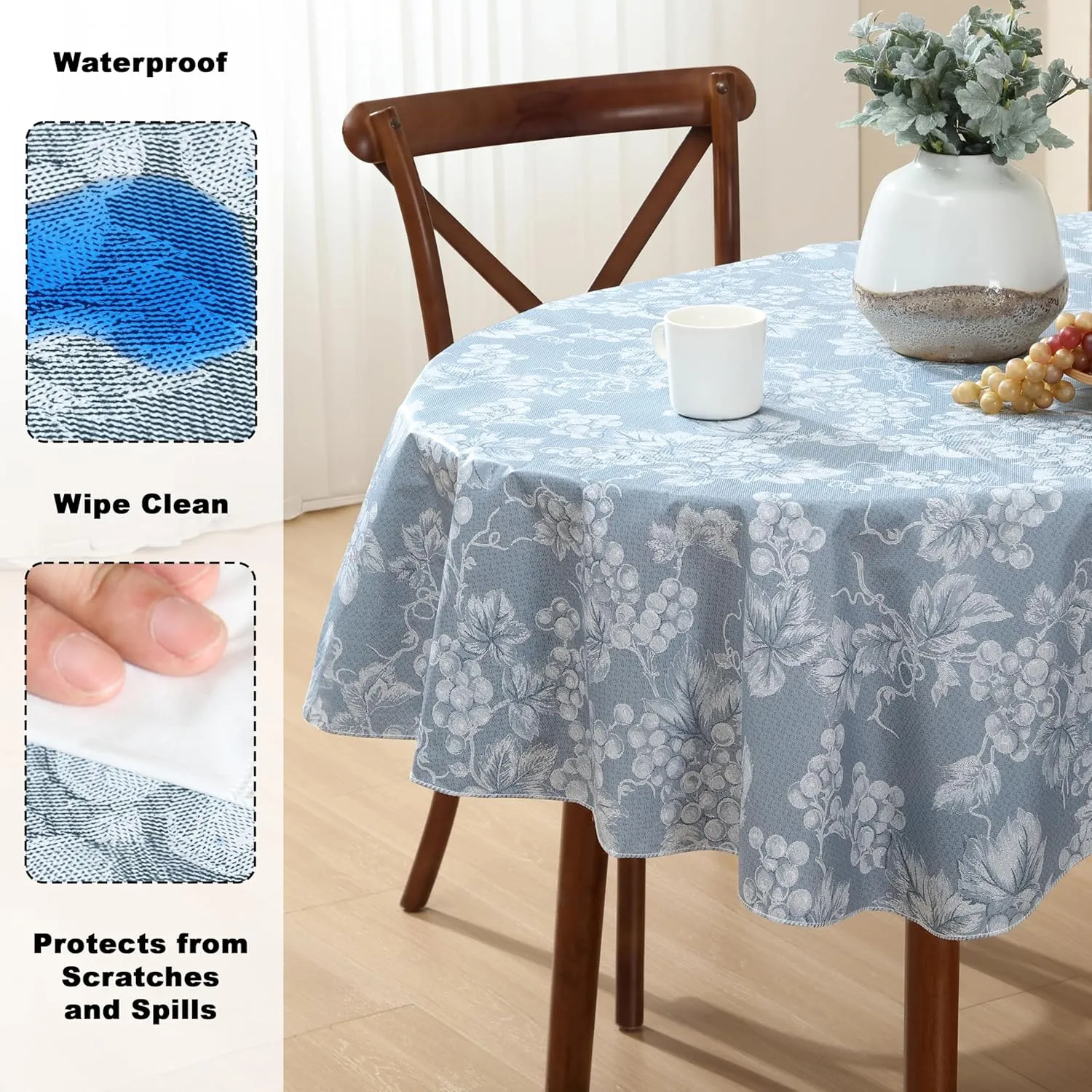 Home Bargains Plus 60 x 84 Inch Oval Vinyl Tablecloth with Flannel Backing, Traditional Grapevine Print, Waterproof Indoor Outdoor Dining Room, Party and Banquet Table Cover, Blue