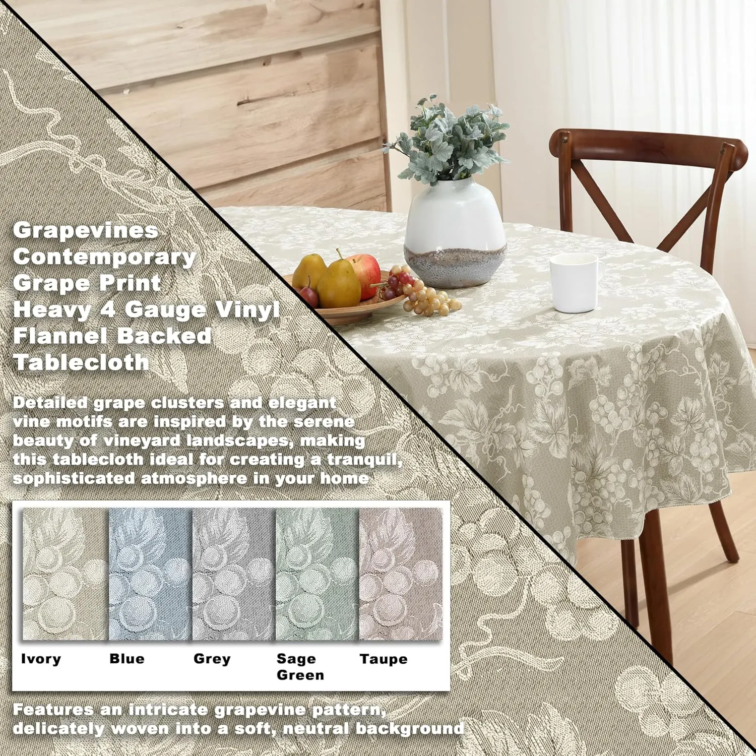 Home Bargains Plus 60 x 84 Inch Oval Vinyl Tablecloth with Flannel Backing, Traditional Grapevine Print, Waterproof Indoor Outdoor Dining Room, Party and Banquet Table Cover, Ivory