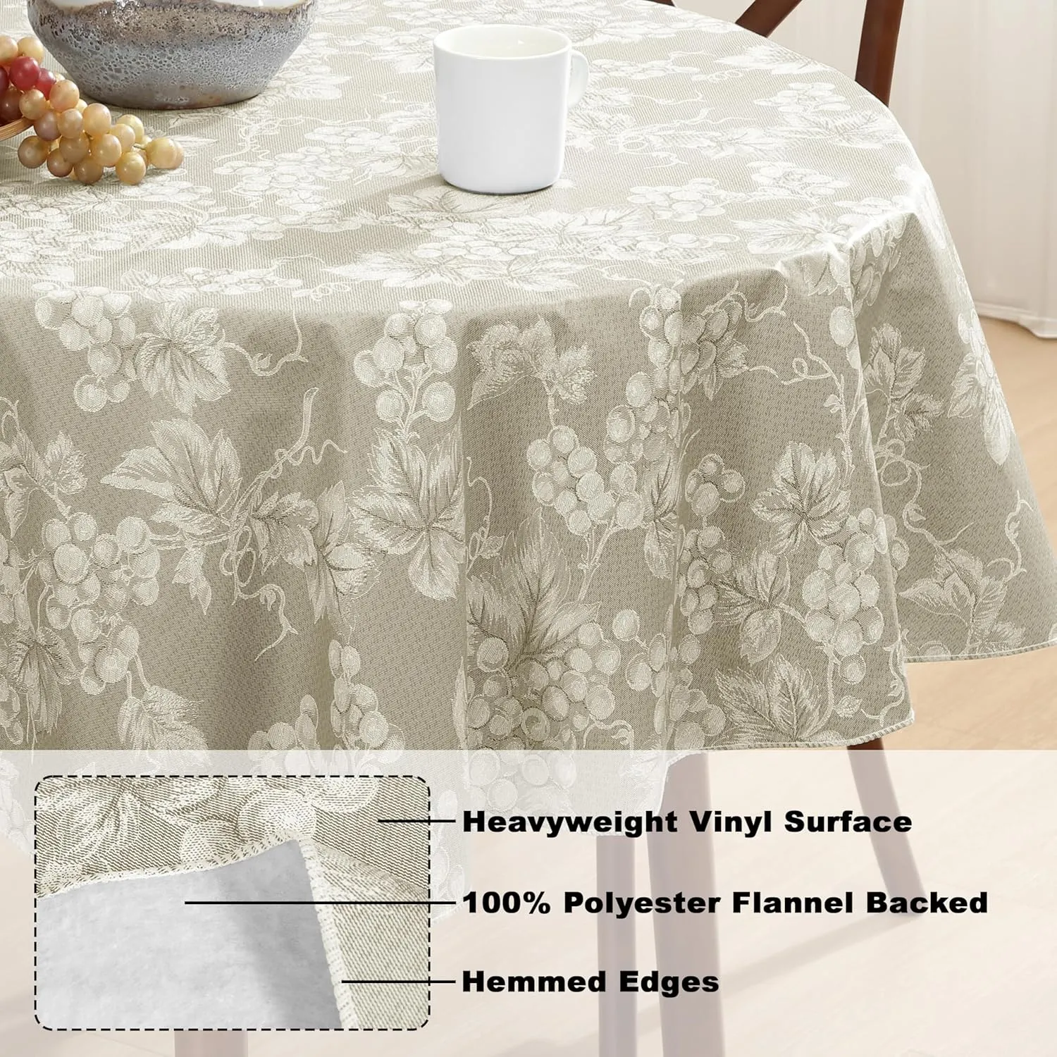 Home Bargains Plus 60 x 84 Inch Oval Vinyl Tablecloth with Flannel Backing, Traditional Grapevine Print, Waterproof Indoor Outdoor Dining Room, Party and Banquet Table Cover, Ivory