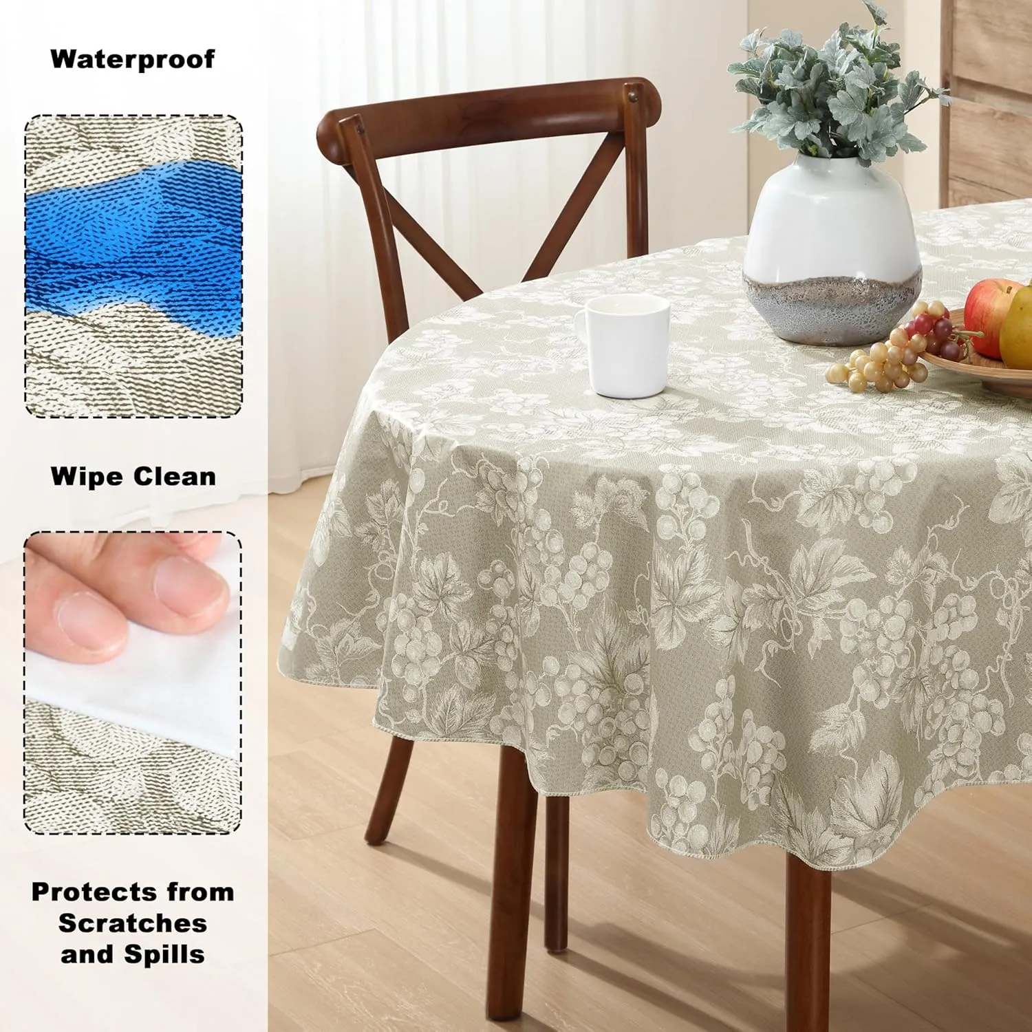 Home Bargains Plus 60 x 84 Inch Oval Vinyl Tablecloth with Flannel Backing, Traditional Grapevine Print, Waterproof Indoor Outdoor Dining Room, Party and Banquet Table Cover, Ivory