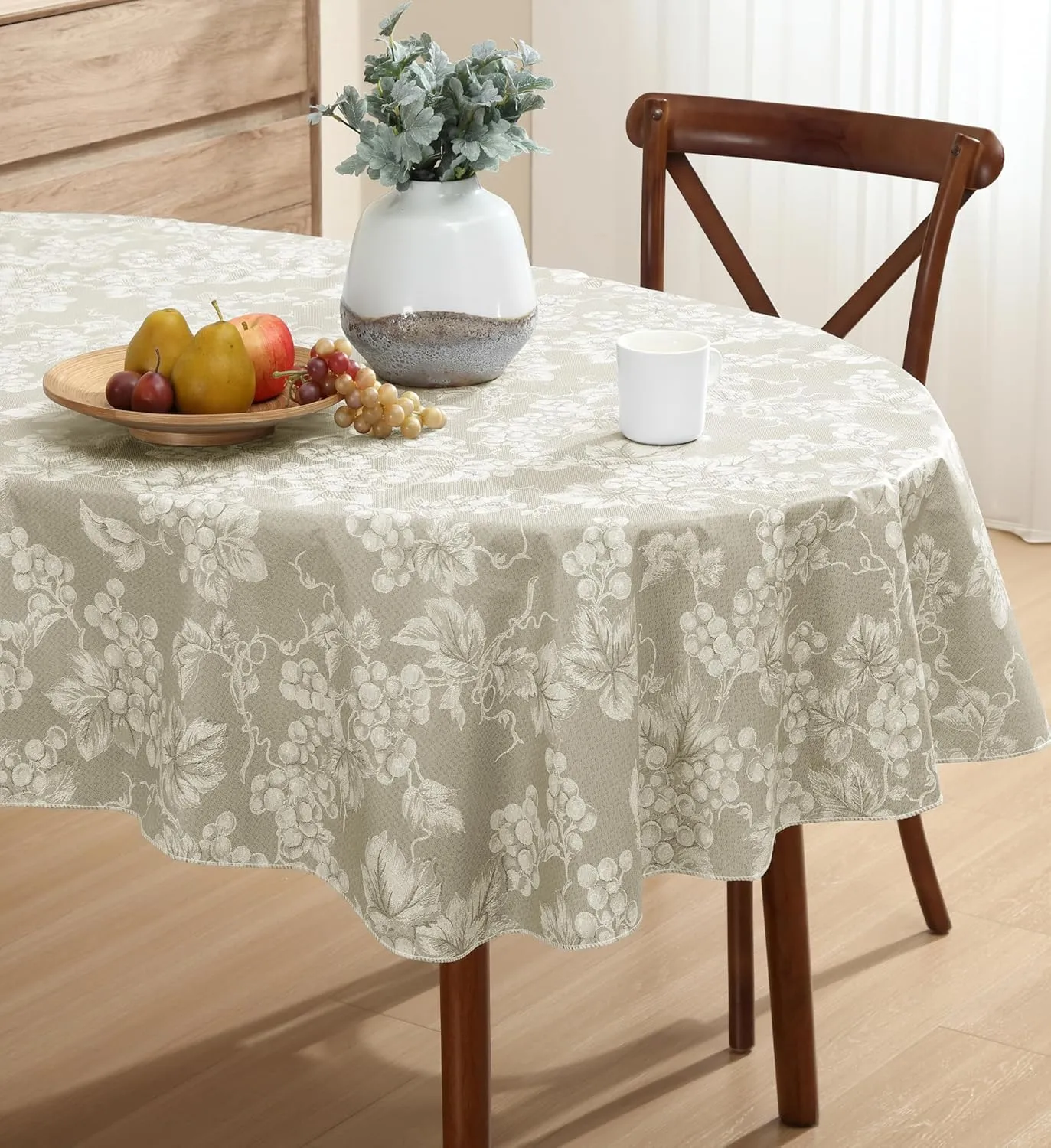 Home Bargains Plus 60 x 84 Inch Oval Vinyl Tablecloth with Flannel Backing, Traditional Grapevine Print, Waterproof Indoor Outdoor Dining Room, Party and Banquet Table Cover, Ivory