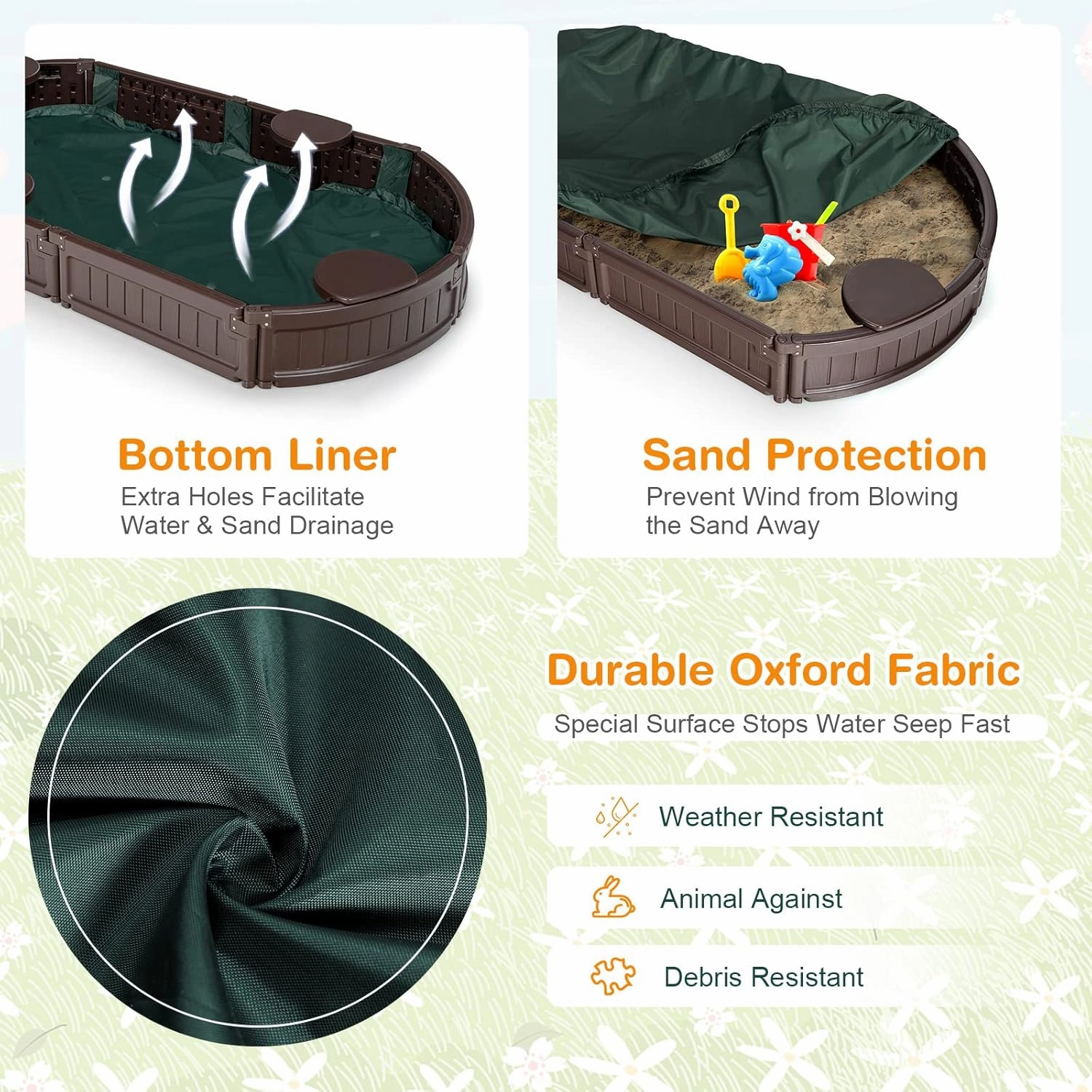 HONEY JOY Sandbox with Cover, 6FT Oval Sand Pit for Backyard, 4 Built-in Seating & Bottom Drainage Liner, All Weather Resistant Sand Boxes for Kids Outdoor with Lid(Brown)
