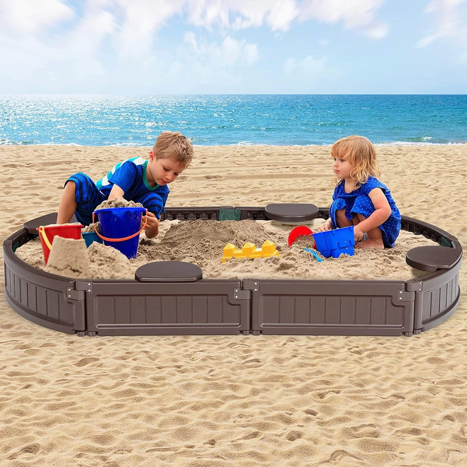 HONEY JOY Sandbox with Cover, 6FT Oval Sand Pit for Backyard, 4 Built-in Seating & Bottom Drainage Liner, All Weather Resistant Sand Boxes for Kids Outdoor with Lid(Brown)