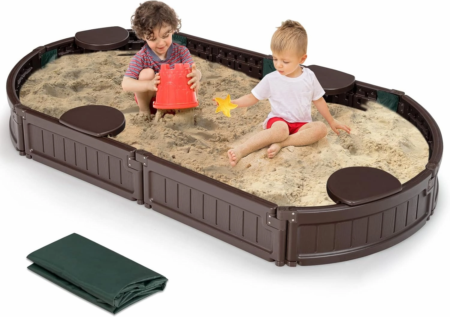 HONEY JOY Sandbox with Cover, 6FT Oval Sand Pit for Backyard, 4 Built-in Seating & Bottom Drainage Liner, All Weather Resistant Sand Boxes for Kids Outdoor with Lid(Brown)