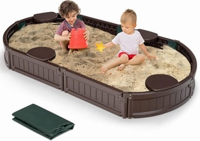 HONEY JOY Sandbox with Cover, 6FT Oval Sand Pit for Backyard, 4 Built-in Seating & Bottom Drainage Liner, All Weather Resistant Sand Boxes for Kids Outdoor with Lid(Brown)