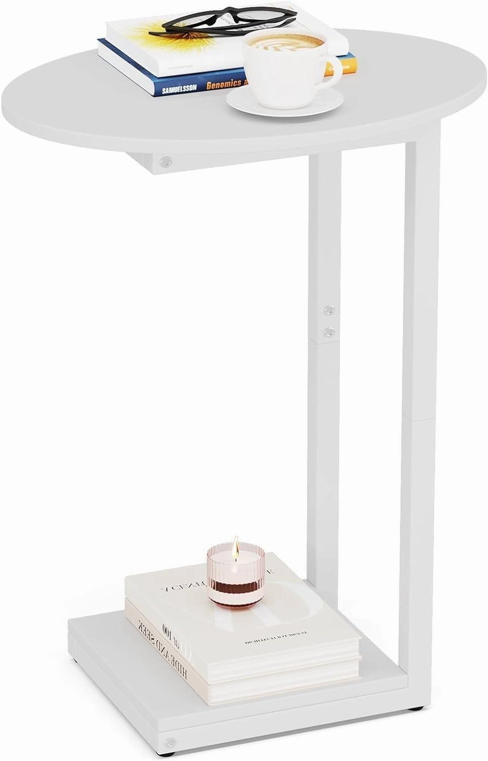 Hosfais Small Side Table End Table, C Shaped Oval Coffee Table, Wooden TV Tray for Living Room, Bedroom, Couch, Small Spaces (White)