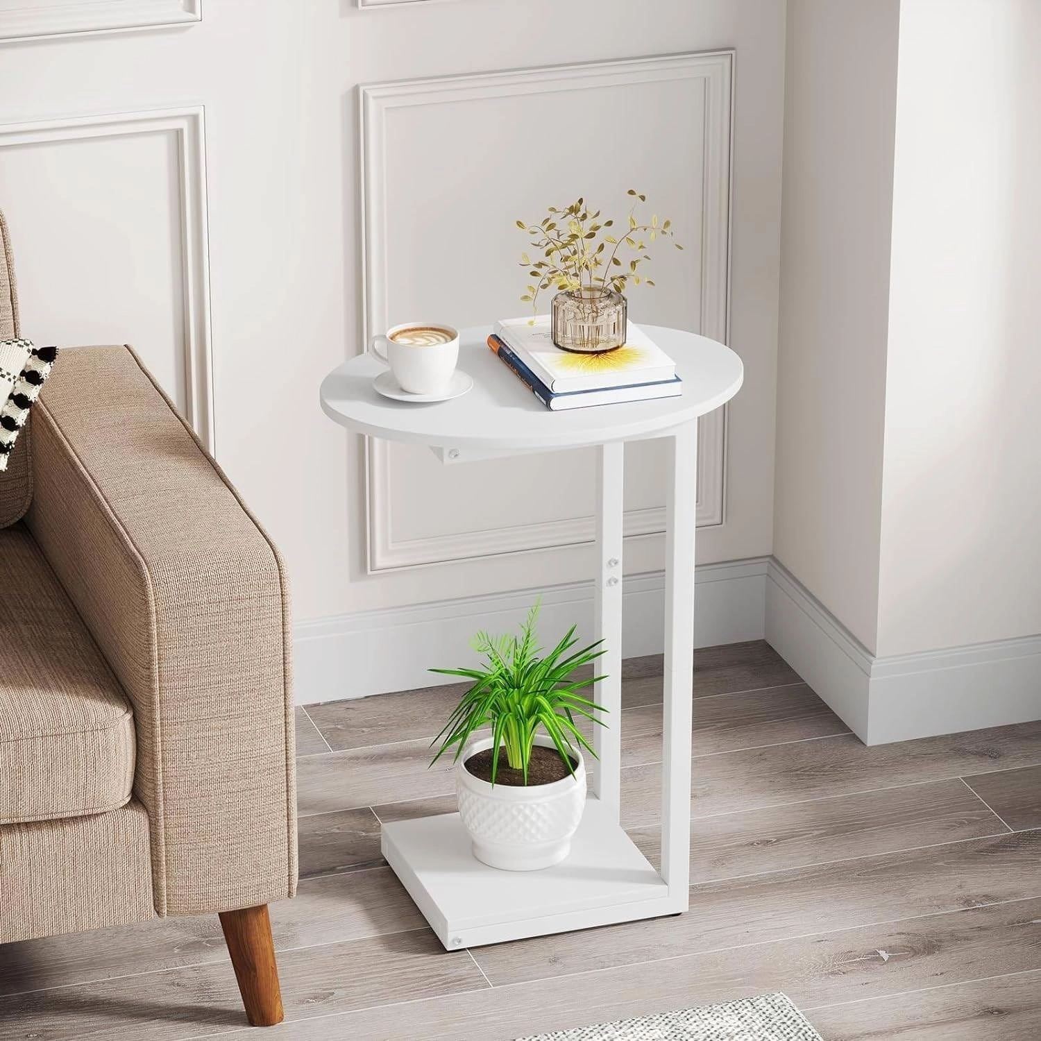 Hosfais Small Side Table End Table, C Shaped Oval Coffee Table, Wooden TV Tray for Living Room, Bedroom, Couch, Small Spaces (White)