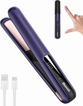 Hoson Cordless Hair Straightener,Portable Mini Flat Iron Travel for Bangs,Short Hair, Rechargeable Curling Iron and Curler 2 in 1,Purple,for Touch Ups