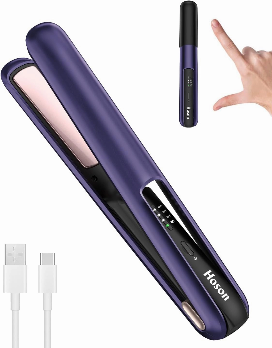 Hoson Cordless Hair Straightener,Portable Mini Flat Iron Travel for Bangs,Short Hair, Rechargeable Curling Iron and Curler 2 in 1,Purple,for Touch Ups