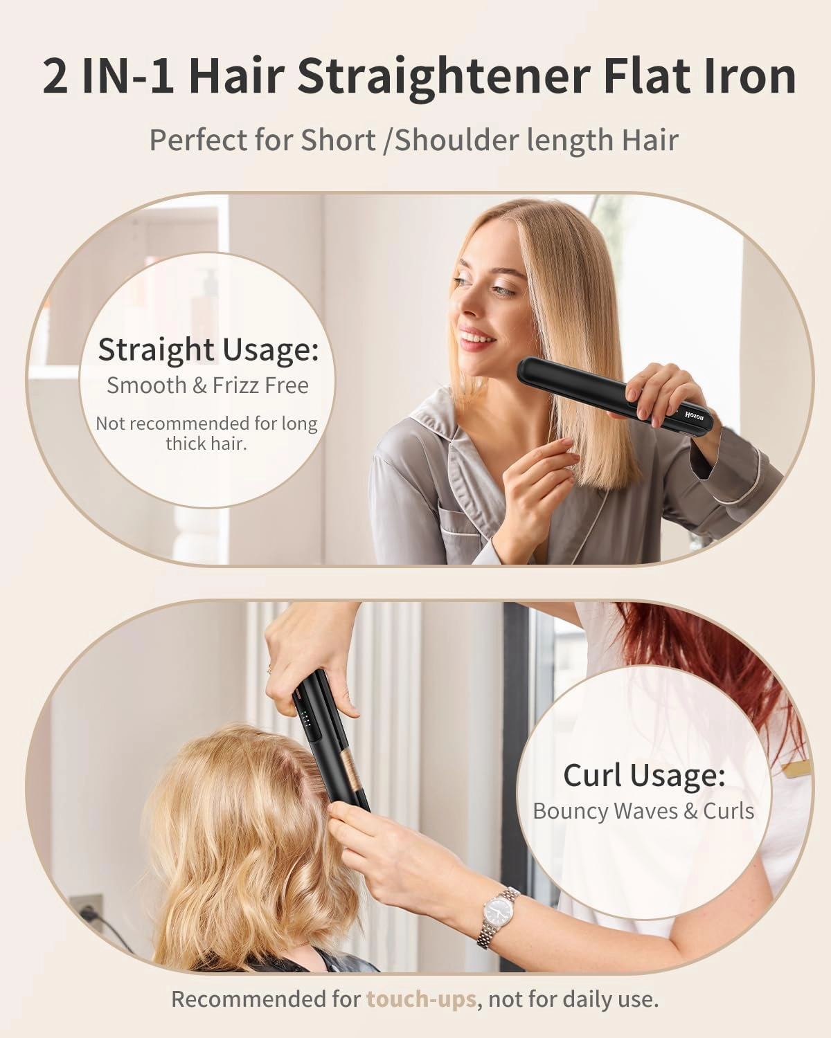 Hoson Cordless Hair Straightener,Portable Mini Flat Iron Travel for Bangs,Short Hair,USB-C Rechargeable Wireless Curling Iron and Curler 2 in 1(Black),for Touch Ups