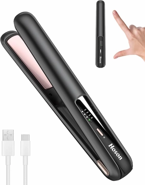 Hoson Cordless Hair Straightener,Portable Mini Flat Iron Travel for Bangs,Short Hair,USB-C Rechargeable Wireless Curling Iron and Curler 2 in 1(Black),for Touch Ups