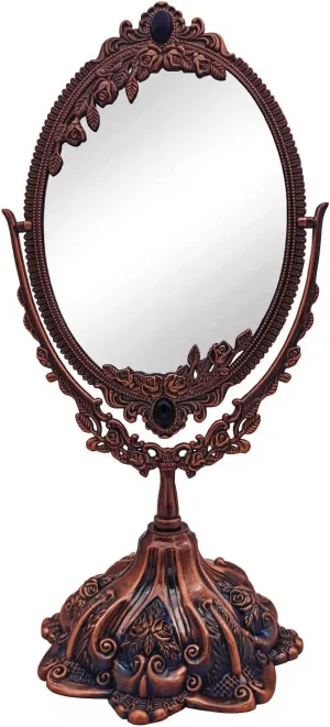 Hsiwto Vintage Double Side Makeup Mirror, Alloy Metal Table Makeup Desktop Mirror with 360 Degree Rotation Cosmetic Makeup Tool for Women Girls, Small Red Copper