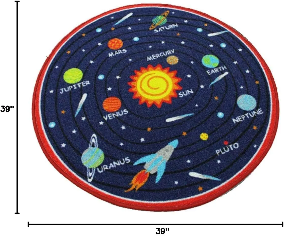 HUAHOO Blue Solar System Kids Area Rug Educational Learning Carpet Fun Rug Children Area Rug for Playroom & Nursery - Non Skid Gel Backing (39" Round, Round Solar System)