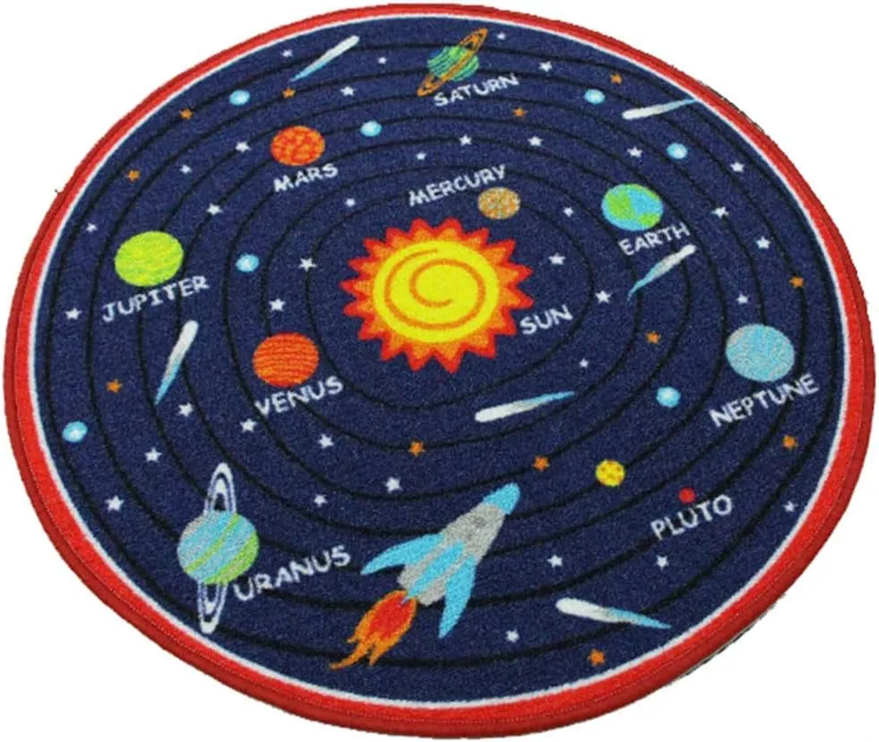 HUAHOO Blue Solar System Kids Area Rug Educational Learning Carpet Fun Rug Children Area Rug for Playroom & Nursery - Non Skid Gel Backing (39" Round, Round Solar System)