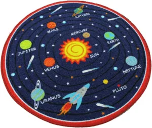 HUAHOO Blue Solar System Kids Area Rug Educational Learning Carpet Fun Rug Children Area Rug for Playroom & Nursery - Non Skid Gel Backing (39" Round, Round Solar System)
