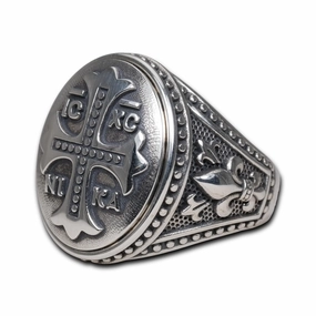 IC XC NIKA Cross Oval Signet Ring for Men with Fleur De Lis Design, Christian Heavy Chevalier Jewelry Real Sterling Silver 925, Silver or Bronze Cross, Comfort Fit Excellent Quality