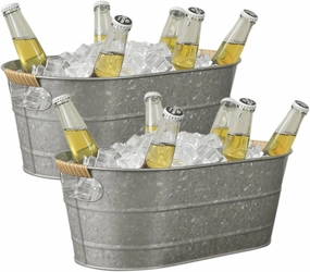 Ice Bucket Galvanized Tub, 2 Pcs 3 Gallon Oval Beverage Tub, Drink Buckets for Parties, Metal Bucket with Rattan Handle for Beer Whiskey Wine and Cocktails (Galvanized)