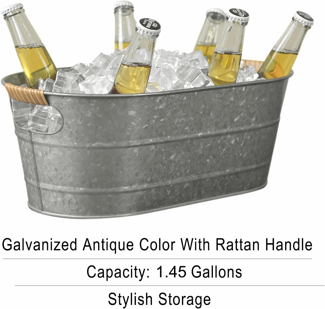 Ice Bucket Galvanized Tub, 2 Pcs 3 Gallon Oval Beverage Tub, Drink Buckets for Parties, Metal Bucket with Rattan Handle for Beer Whiskey Wine and Cocktails (Galvanized)