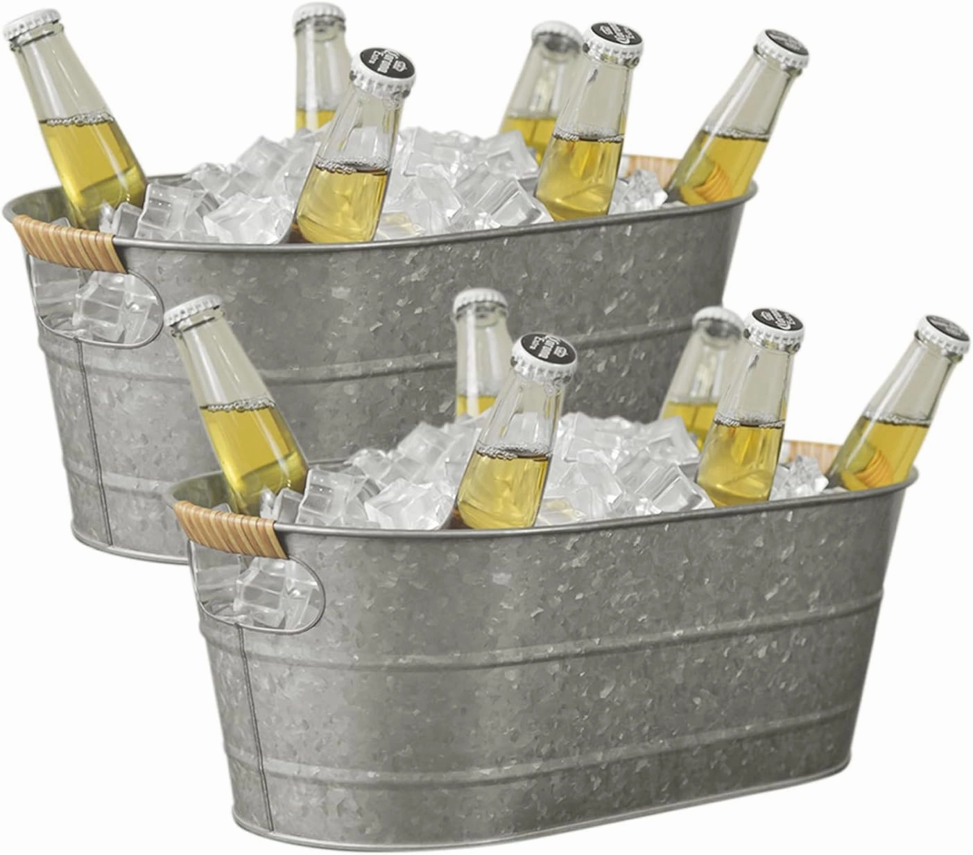 Ice Bucket Galvanized Tub, 2 Pcs 3 Gallon Oval Beverage Tub, Drink Buckets for Parties, Metal Bucket with Rattan Handle for Beer Whiskey Wine and Cocktails (Galvanized)