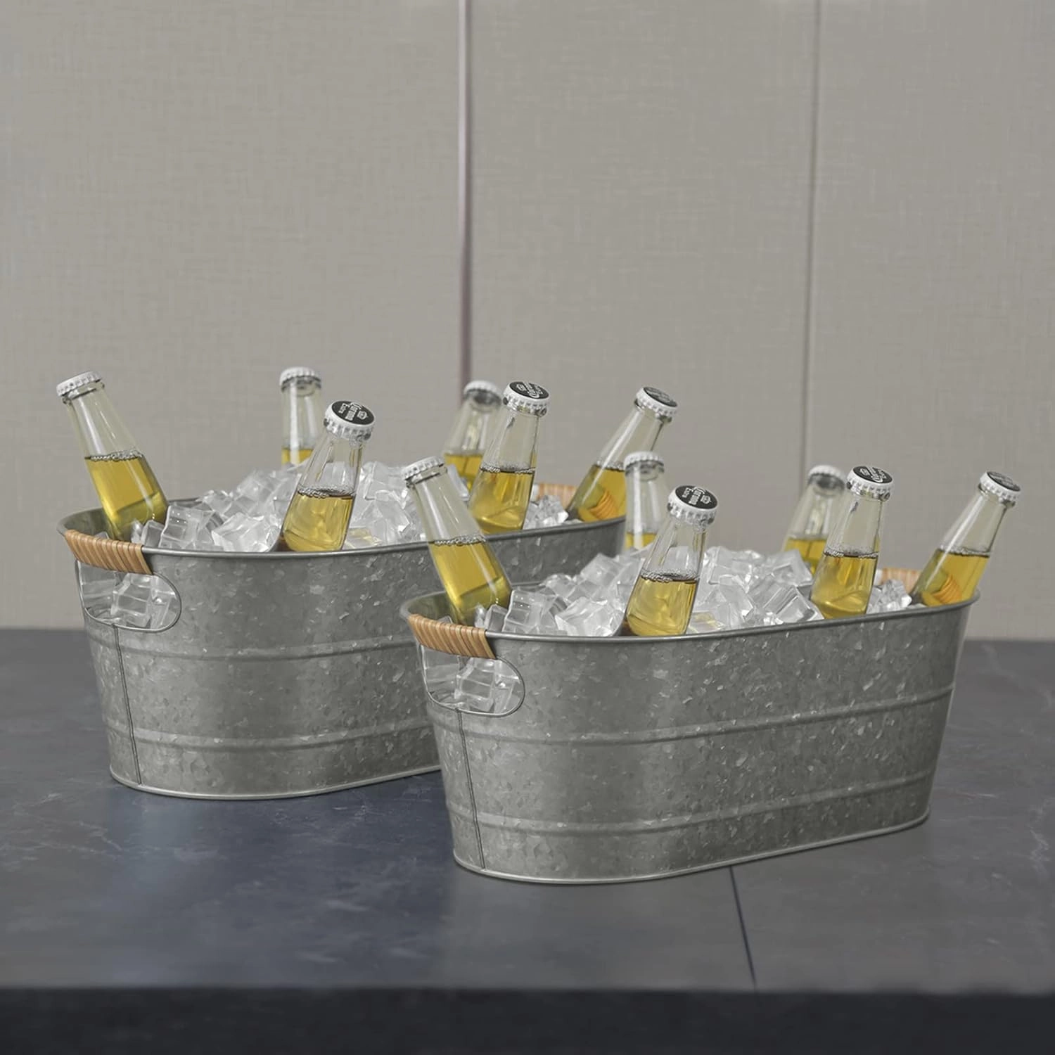 Ice Bucket Galvanized Tub, 2 Pcs 3 Gallon Oval Beverage Tub, Drink Buckets for Parties, Metal Bucket with Rattan Handle for Beer Whiskey Wine and Cocktails (Galvanized)