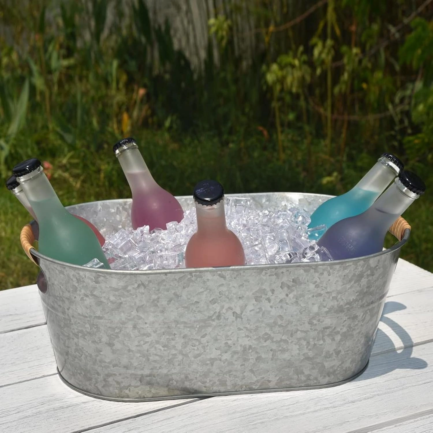 Ice Bucket Galvanized Tub, 2 Pcs 3 Gallon Oval Beverage Tub, Drink Buckets for Parties, Metal Bucket with Rattan Handle for Beer Whiskey Wine and Cocktails (Galvanized)