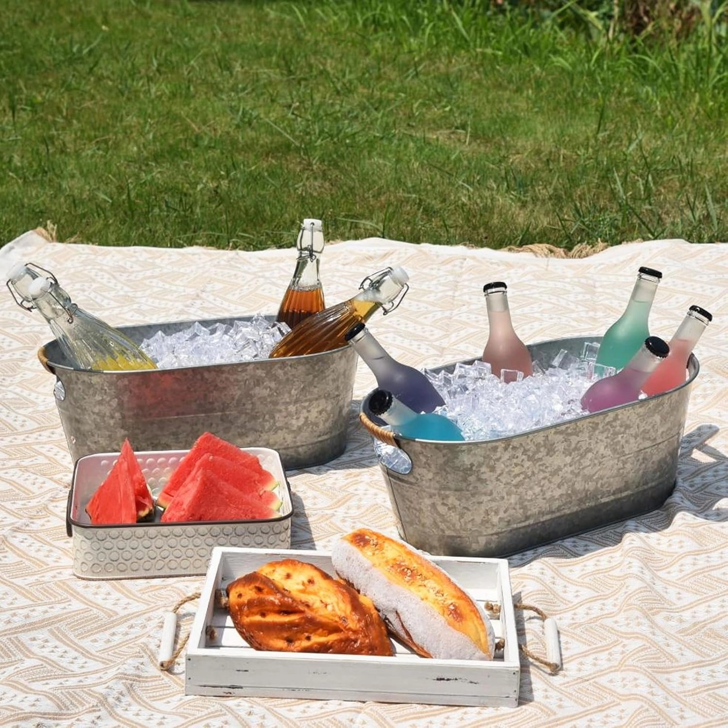 Ice Bucket Galvanized Tub, 2 Pcs 3 Gallon Oval Beverage Tub, Drink Buckets for Parties, Metal Bucket with Rattan Handle for Beer Whiskey Wine and Cocktails (Galvanized)