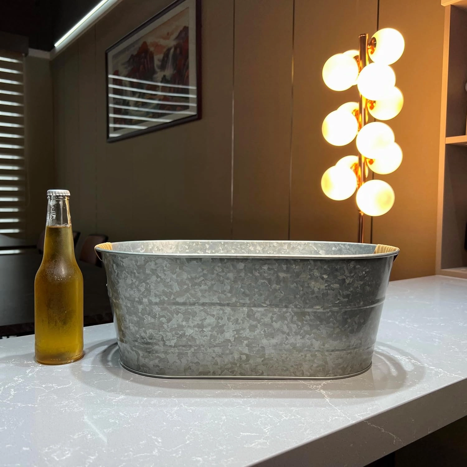 Ice Bucket Galvanized Tub, 2 Pcs 3 Gallon Oval Beverage Tub, Drink Buckets for Parties, Metal Bucket with Rattan Handle for Beer Whiskey Wine and Cocktails (Galvanized)