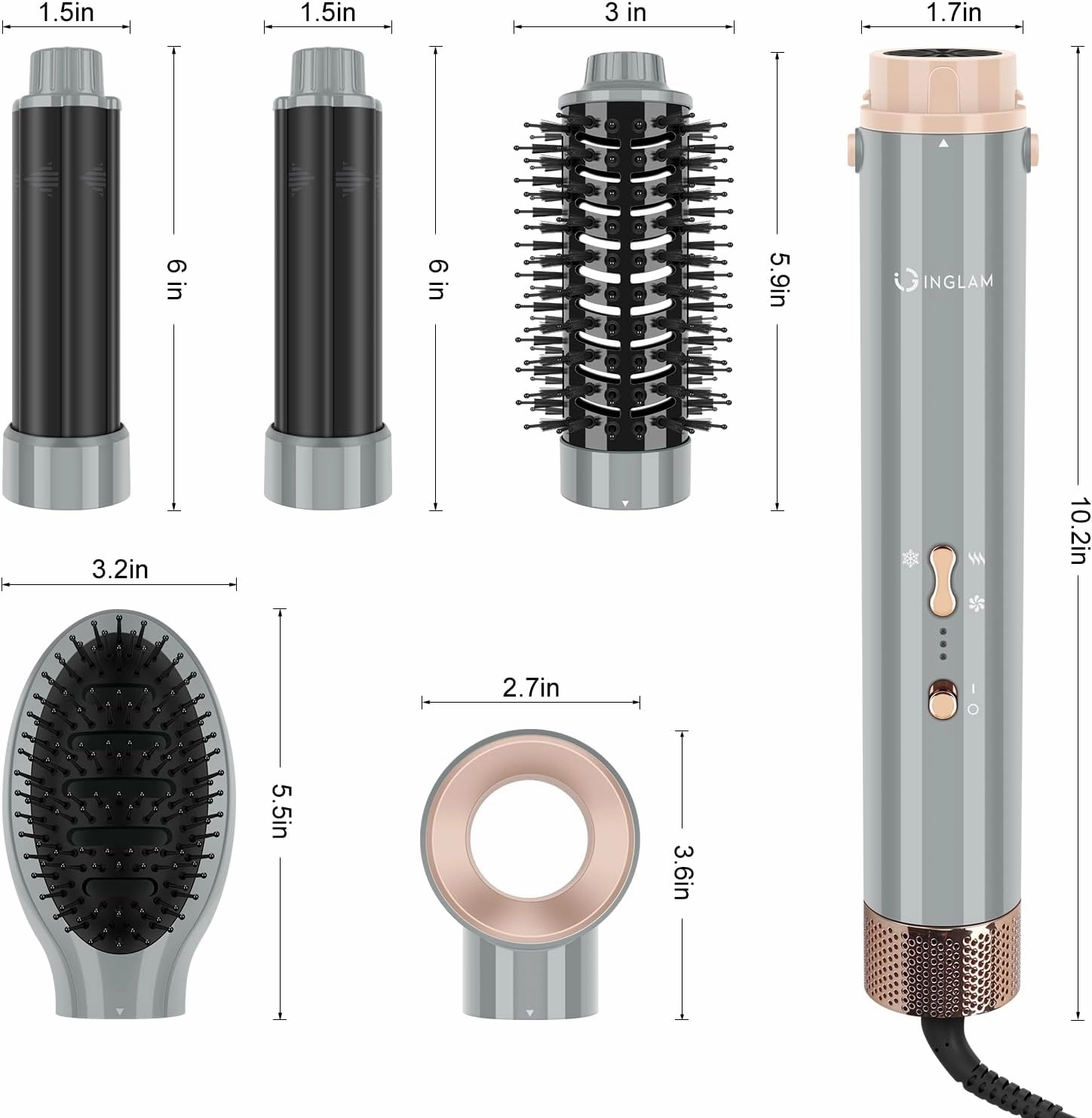 IG INGLAM MegaAIR Styler, 5 in-1 Professional Interchange Hair Dryer Brush 110,000 RPM Brushless BLDC Motor Ionic Hot Air Styler Volumizing and Shape, Gray