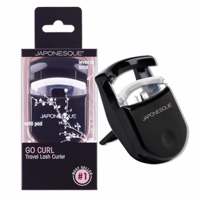 JAPONESQUE Travel Eyelash Curler, Black - Plastic Eyelash Curlers for Travel Makeup, Go Curl Lash Curler with Bonus Replacement Lash Pad - 1 Pack