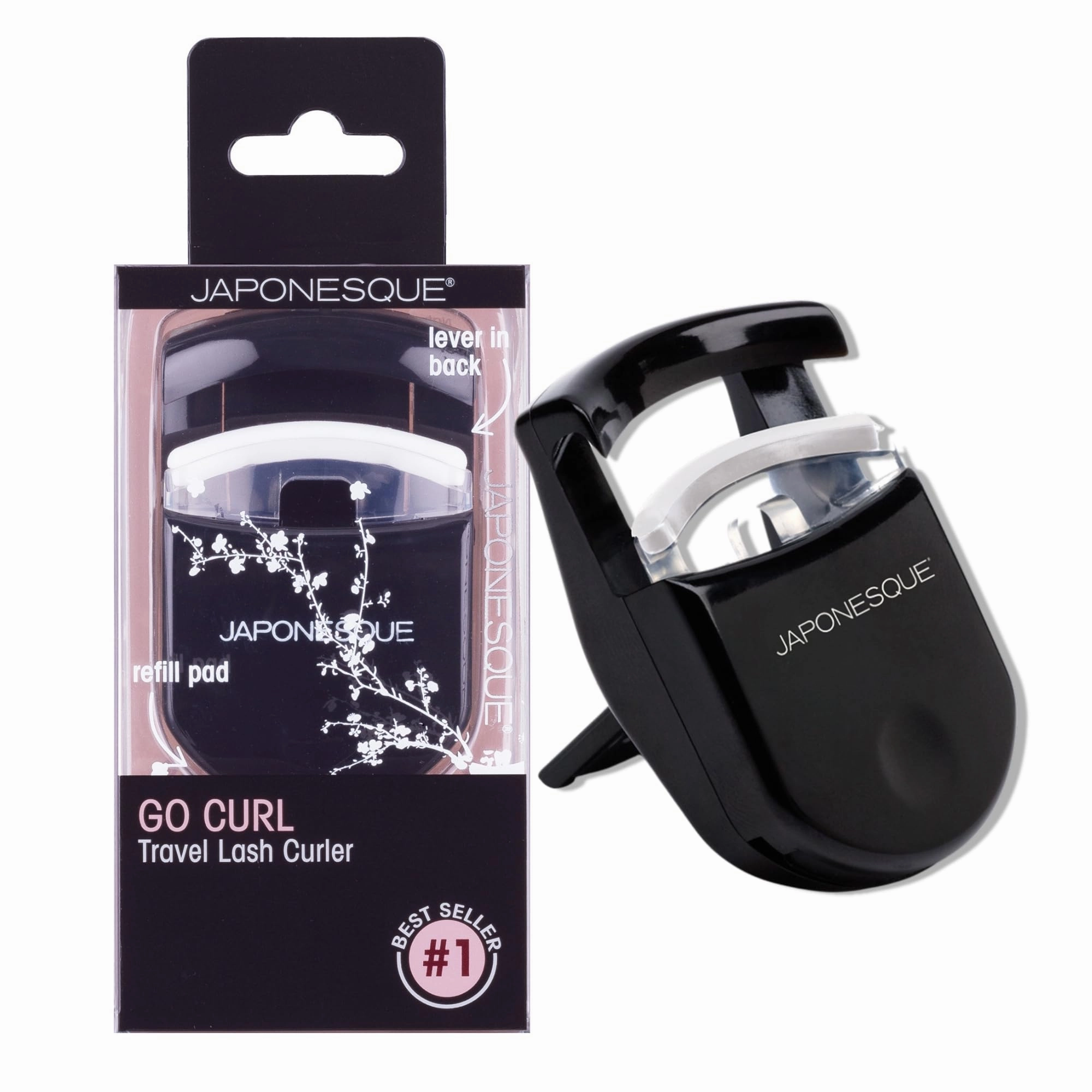 JAPONESQUE Travel Eyelash Curler, Black - Plastic Eyelash Curlers for Travel Makeup, Go Curl Lash Curler with Bonus Replacement Lash Pad - 1 Pack