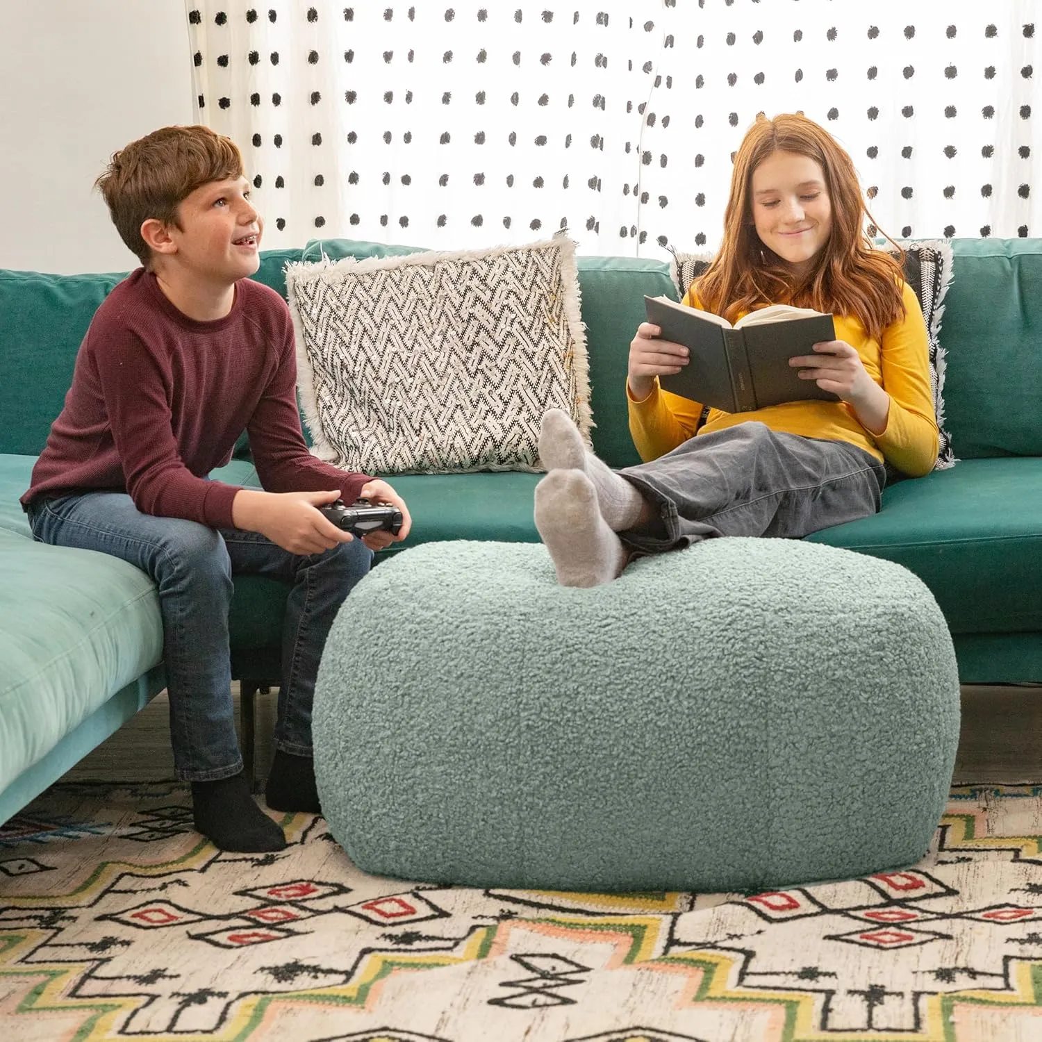 Jaxx Ellis Ottoman Shearling Faux-Lamb Plush Pouf for Modern Interior Design, Oval, Mineral Green