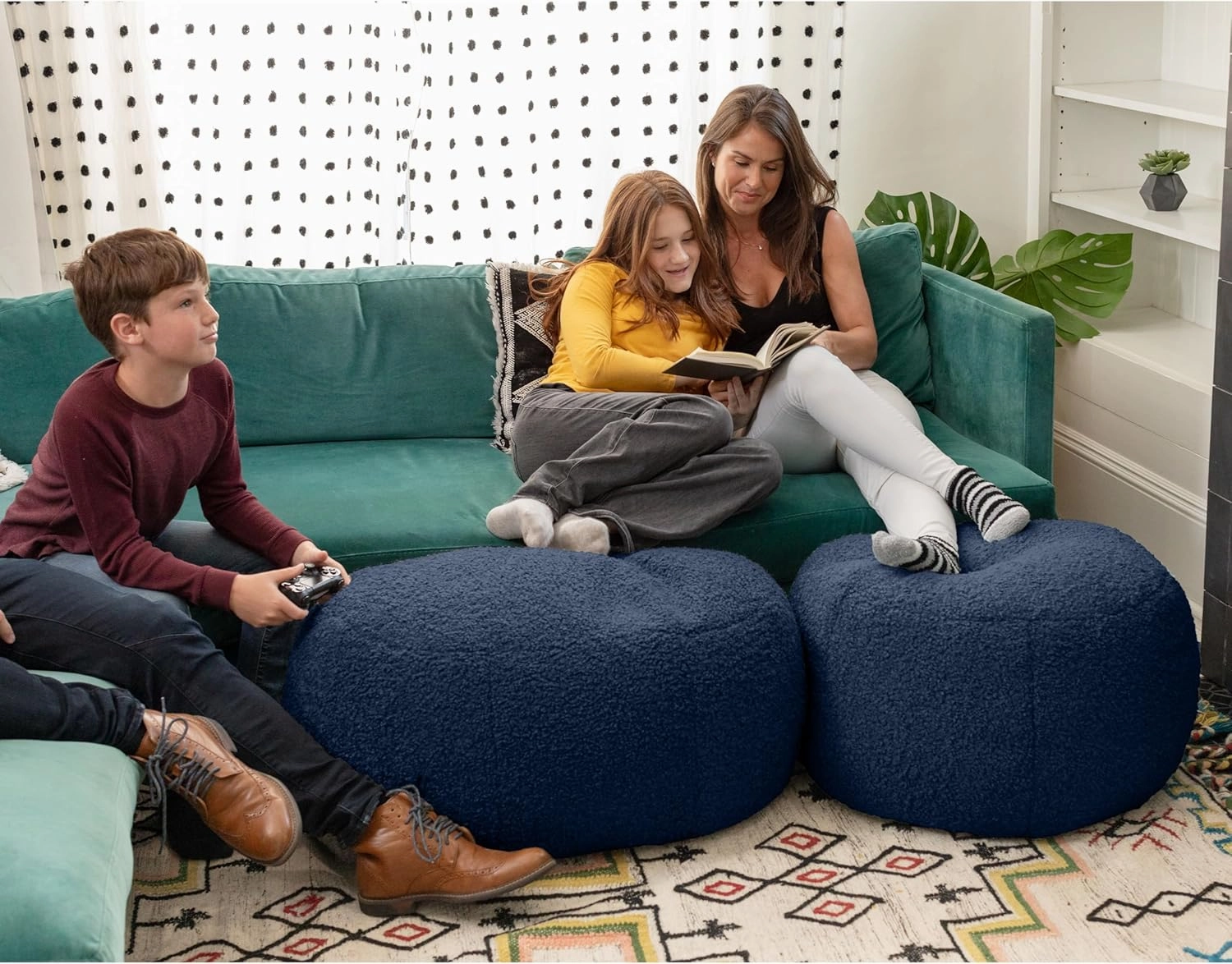 Jaxx Ellis Ottoman Shearling Faux-Lamb Plush Pouf for Modern Interior Design, Oval, Indigo