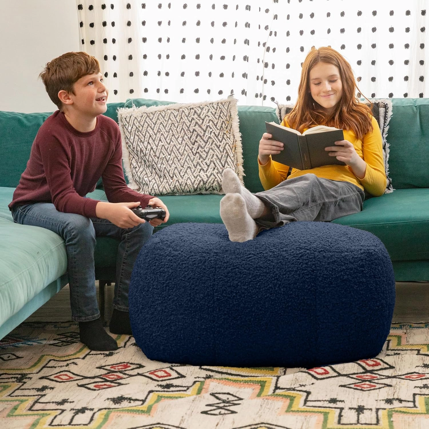 Jaxx Ellis Ottoman Shearling Faux-Lamb Plush Pouf for Modern Interior Design, Oval, Indigo