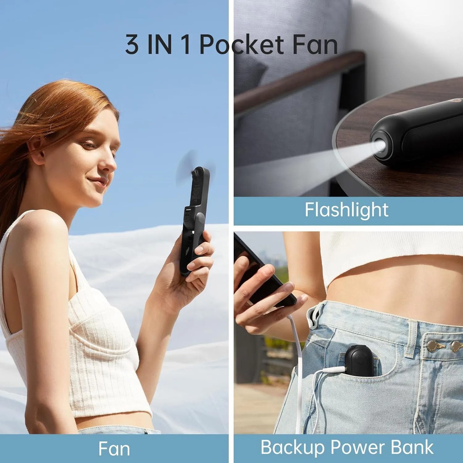 JISULIFE Handheld Mini Fan, 3 IN 1 USB Rechargeable Portable Fan [12-19 Working Hours] with Power Bank, Flashlight, Pocket Design for Travel/Summer/Concerts/Lash, Gifts for Women (Black)
