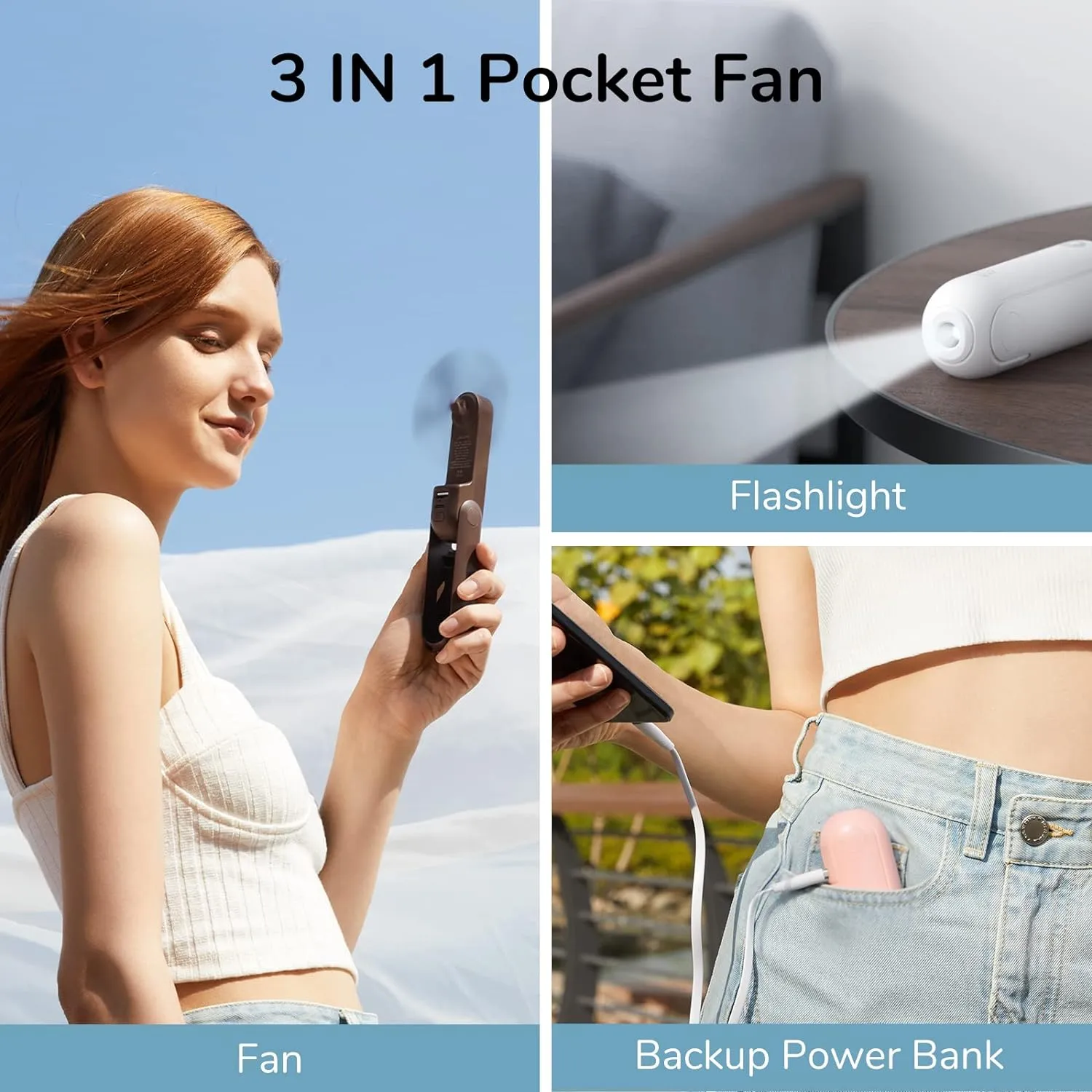 JISULIFE Handheld Mini Fan, 3 IN 1 USB Rechargeable Portable Fan [12-19 Working Hours] with Power Bank, Flashlight, Pocket Design for Travel/Summer/Concerts/Lash, Gifts for Women (White)