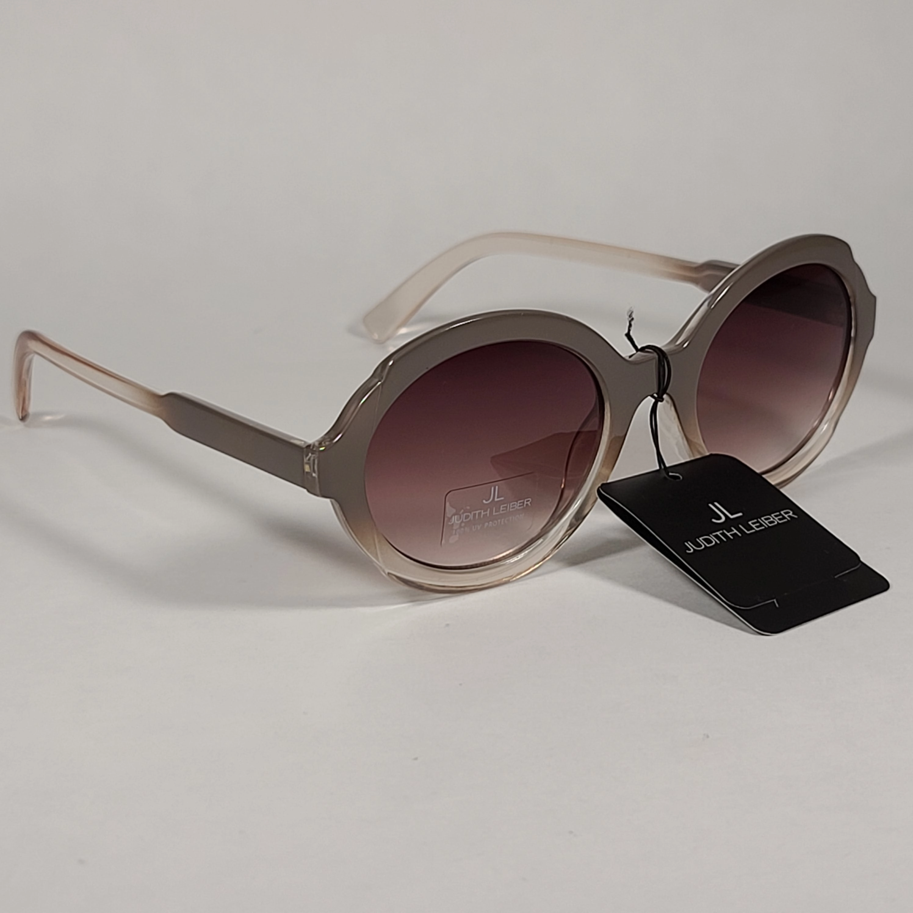 JL By Judith Leiber Glory Oval Sunglasses Gray Beige Crystal Frame Brown Gradient Lens