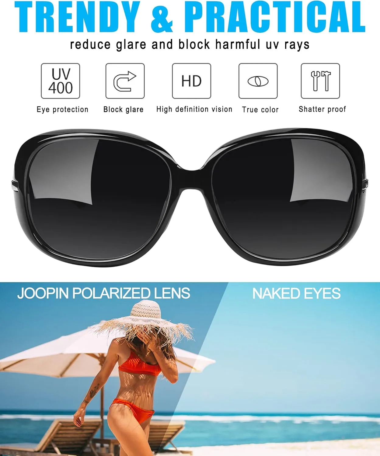 Joopin Big Womens Sunglasses Polarized Trendy Sun Glasses Large Rectangle UV Protection Rhinestone Sunnies
