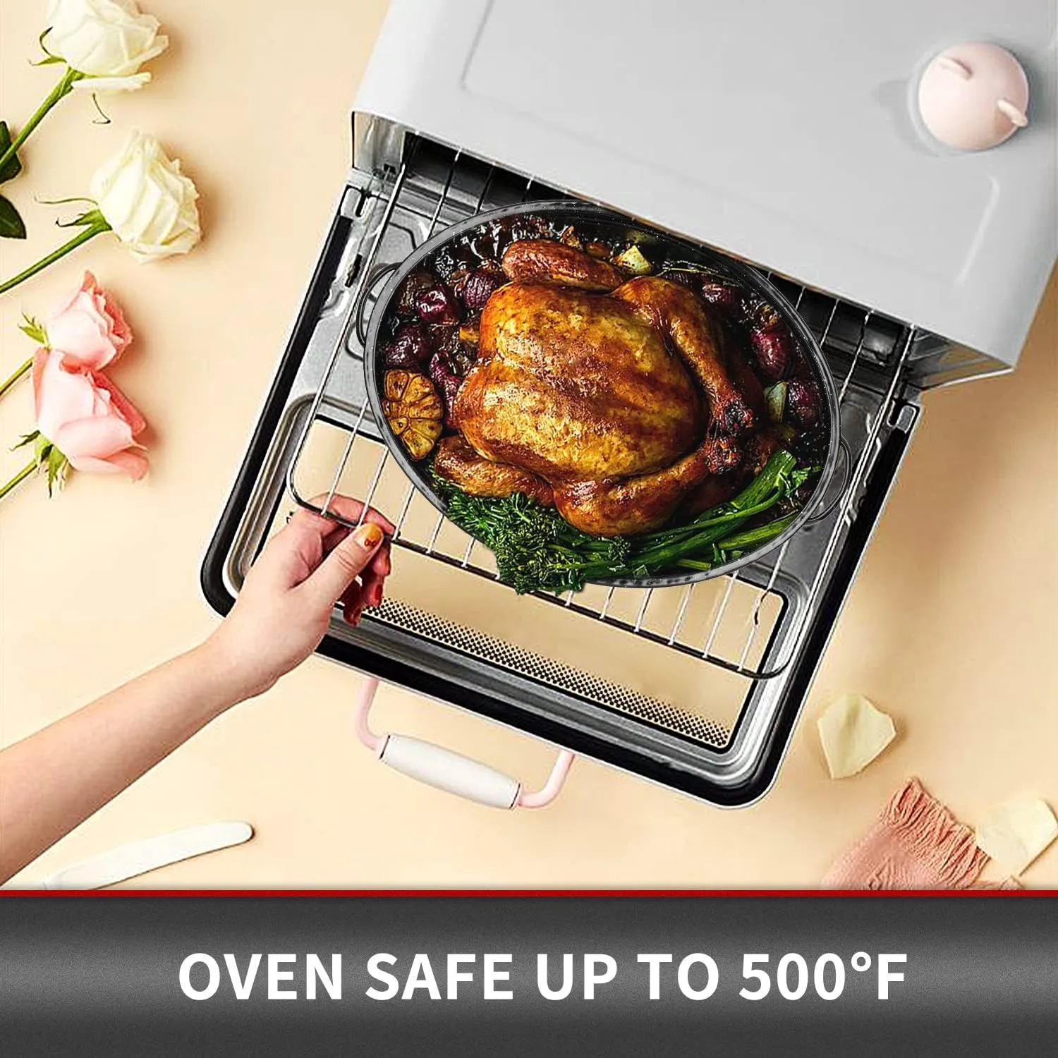 JY COOKMENT Granite Roaster Pan, 18' Enameled Roasting Pan with Domed Lid. Oval Turkey Roaster, Great for Chicken, Lamb, Vegetable. Dishwasher Safe Cookware Fit for 18Lb Turkey